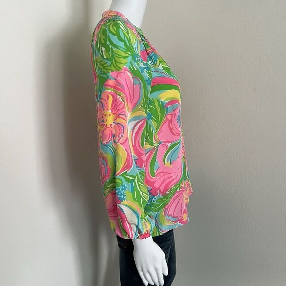 Lilly Women's Elsa Silk Blouse Size XXS Pink Green Elephant Print So A Peeling - Picture 9 of 10